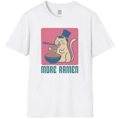 Flatlay of white shirt with cat eating ramen, teal bowl, funny cat shirt, ramen t-shirt.