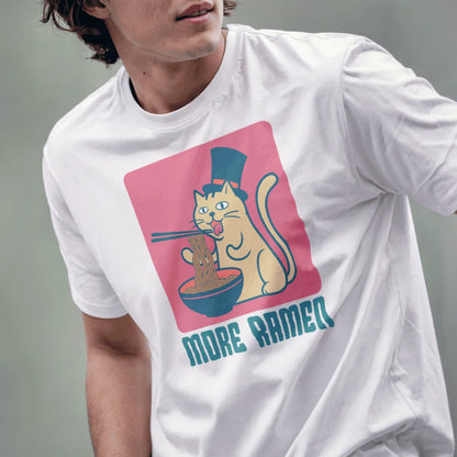 White shirt on male model with cat in top hat eating ramen, funny cat shirt, ramen t-shirt.