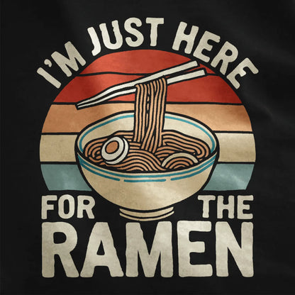 Black fabric close-up of steaming ramen bowl and playful text, ramen shirt, funny shirts with sayings.