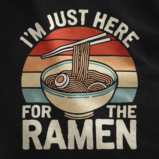 Black fabric close-up of steaming ramen bowl and playful text, ramen shirt, funny shirts with sayings.