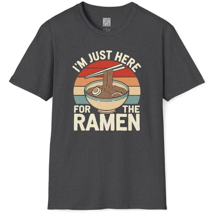 Dark heather t-shirt flatlay with ramen bowl, chopsticks, and playful phrase, ramen t shirt, cozy food.