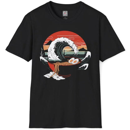 Black t-shirt flatlay with ramen bowl in wave and mountain sunset, ramen shirt, japanese wave artwork.