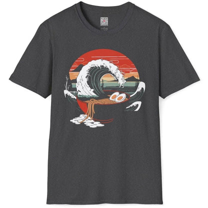 Dark heather t-shirt flatlay with ramen bowl in wave and sunset, ramen t shirt, wave patterns.