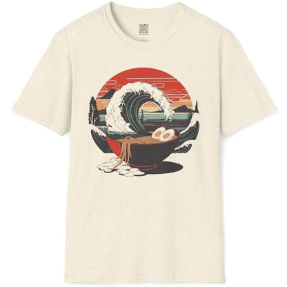 Natural t-shirt flatlay with ramen bowl, dramatic wave, and sunset, ramen t-shirt, cultural identity.