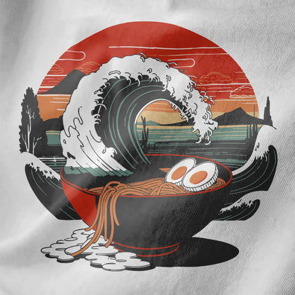White close-up of ramen bowl with eggs inside a dramatic wave, sunset background, ramen t-shirt, traditional japanese art.