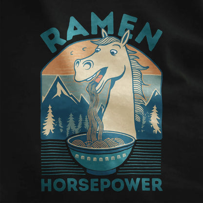 Cheerful horse eating ramen under mountains on black shirt, quirky ramen t-shirt with positive messaging.