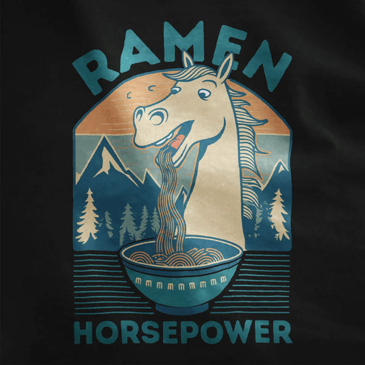 Cheerful horse eating ramen under mountains on black shirt, quirky ramen t-shirt with positive messaging.