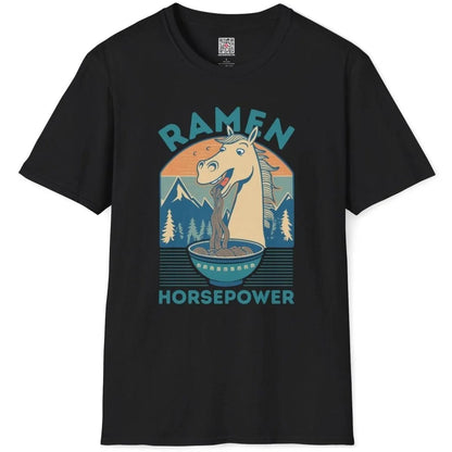 Black t-shirt flatlay with horse enjoying ramen, humorous quote, ramen joy, japanese t-shirts.