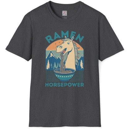 Dark heather shirt flatlay with happy horse eating ramen, funny shirts with sayings, cozy food.