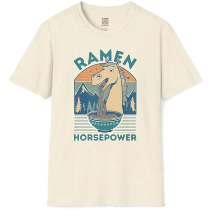 Natural shirt flatlay with horse eating ramen, ramen joy, quirky shirt, motivational quote.