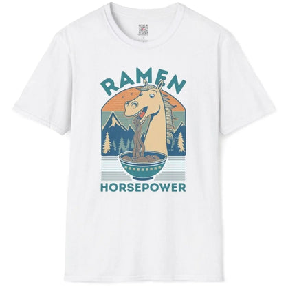 White t-shirt flatlay with horse and ramen bowl, ramen t-shirt, quirky shirt, positive messaging.