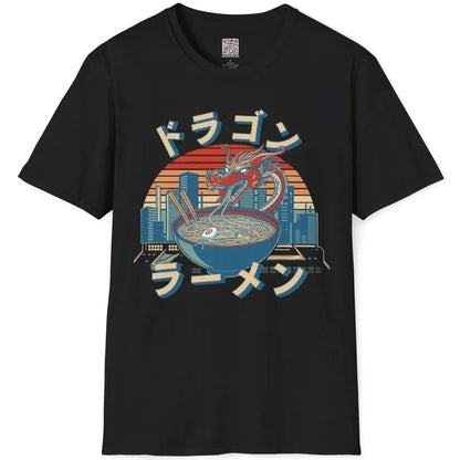 Black t-shirt flatlay with dragon and ramen bowl, japanese dragon art, dynamic composition.