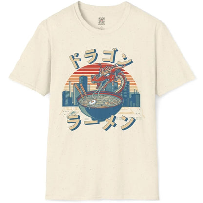 Natural shirt flatlay with dragon and ramen, modern fusion, japanese t-shirts, dragon art.
