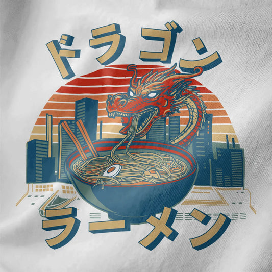 Fiery dragon rising from ramen bowl on white shirt, dragon art, ramen t-shirt, cultural fusion.