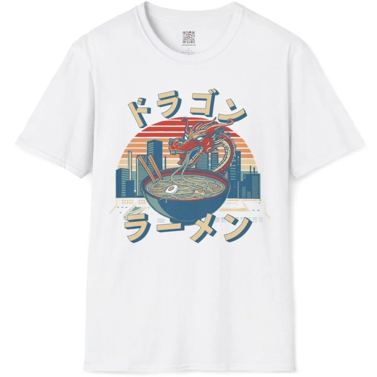 White t-shirt flatlay with dragon over ramen, ramen t-shirt, cultural fusion, graphic t-shirts stores.