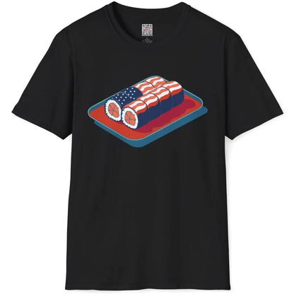 Black t-shirt flatlay with sushi rolls in flag pattern, fusion cuisine, modern fusion, sushi art.