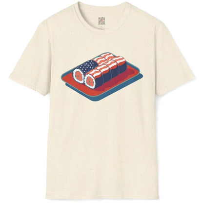 Natural shirt flatlay with sushi flag design, sushi t-shirt, pop art shirt, sushi art.