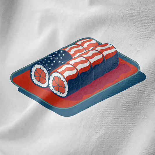 Sushi rolls with American flag colors on white shirt, sushi t-shirt, fusion cuisine, patriotic t shirt.