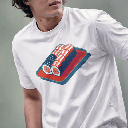 Male model in white t-shirt with sushi rolls styled as US flag, sushi culture, graphic design t shirt.