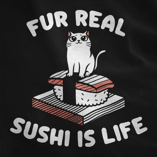 Black fabric close-up of charming cat atop nigiri sushi, bold hand-drawn text, modern woodcut style.