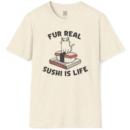 Natural t-shirt flatlay of cat on nigiri sushi with crisp, hand-drawn text. sushi t-shirt, feline charm, cultural crossover