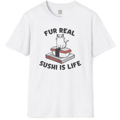 Flatlay of white t-shirt with kawaii cat sitting on salmon nigiri, hand-drawn sushi culture typography.