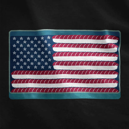 American flag with sushi rolls and white flowers on black shirt, sushi art, japanese t-shirts.