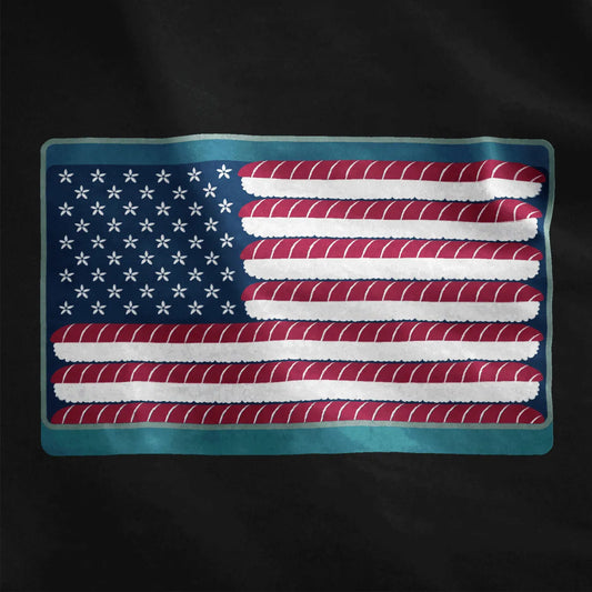 American flag with sushi rolls and white flowers on black shirt, sushi art, japanese t-shirts.