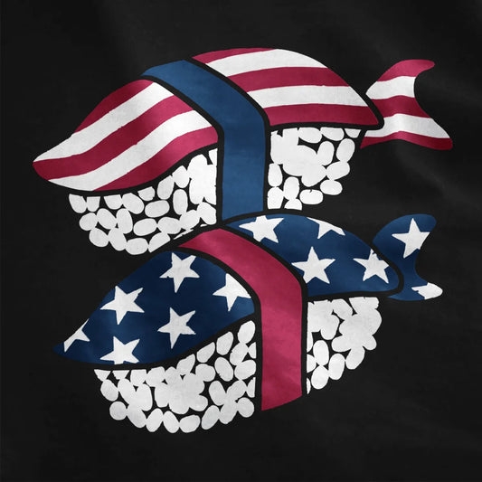 Two sushi rolls with American flag design on black shirt, patriotic t shirt, sushi art.