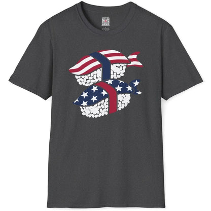 Dark heather shirt flatlay, sushi rolls with flag details, fusion cuisine, graphic design t shirt.