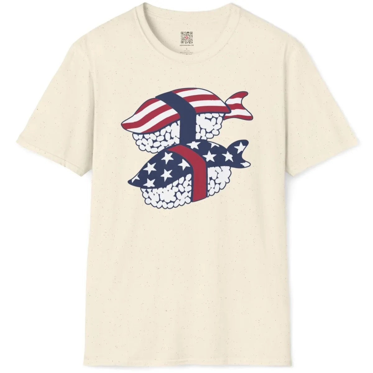 Natural shirt flatlay, sushi rolls as American flags, modern fusion, sushi t-shirt.