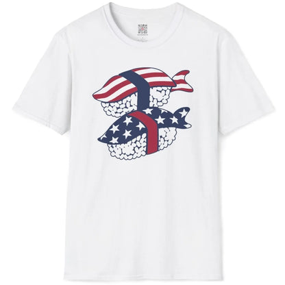 White t-shirt flatlay, sushi rolls with flag motifs, sushi art, bold typography.