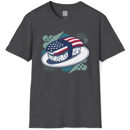 Dark heather shirt flatlay, sushi roll with flag and abstract shapes, modern fusion, art t shirts.