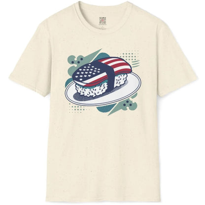 Natural shirt flatlay, sushi roll with American flag and abstract background, fusion cuisine, sushi t-shirt.