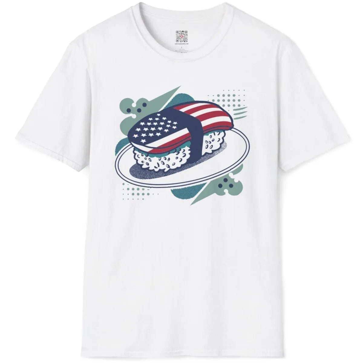 White t-shirt flatlay, sushi roll with flag elements and playful background, sushi art, contrast in colors.