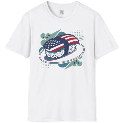 White t-shirt flatlay, sushi roll with flag elements and playful background, sushi art, contrast in colors.
