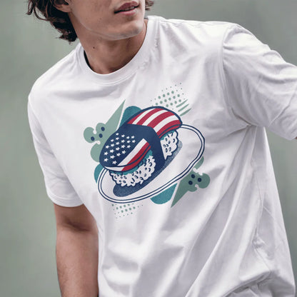 Male model in white shirt with sushi roll and flag motif, cultural blend, japanese t-shirts.