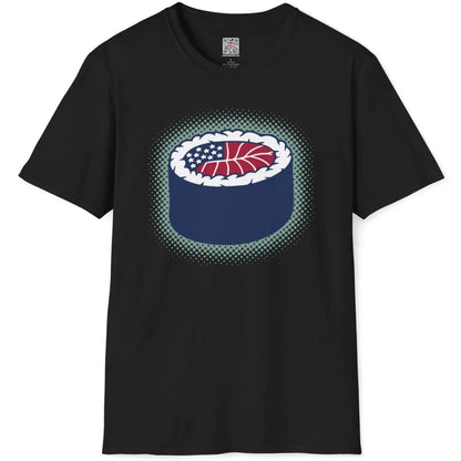 Black t-shirt flatlay with sushi roll and American flag design; sushi shirt, pop art shirt, fusion cuisine.