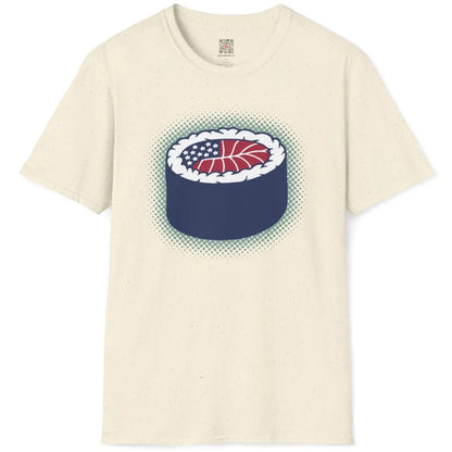 Natural t-shirt flatlay with sushi roll and flag; sushi shirt, cultural symbols, fusion cuisine.