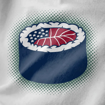 Close-up of sushi roll with American flag top on white shirt; fusion cuisine, sushi t-shirt, bold design.