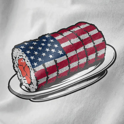 Close-up of detailed sushi roll with American flag on white shirt; sushi art, fusion cuisine, japanese t-shirts.