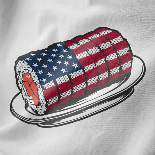 Close-up of detailed sushi roll with American flag on white shirt; sushi art, fusion cuisine, japanese t-shirts.