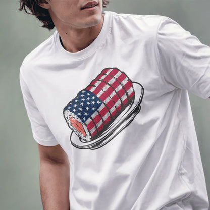Male model in white t-shirt with sushi roll and flag detail; sushi t-shirt, cultural blend, fusion cuisine.