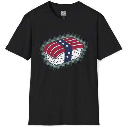 Black t-shirt flatlay with sushi roll styled as American flag; sushi shirt, modern fusion, cool shirt design ideas.