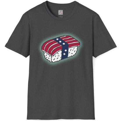 Dark heather t-shirt flatlay with sushi roll and flag; sushi t-shirt, color blocking shirt, fusion cuisine.