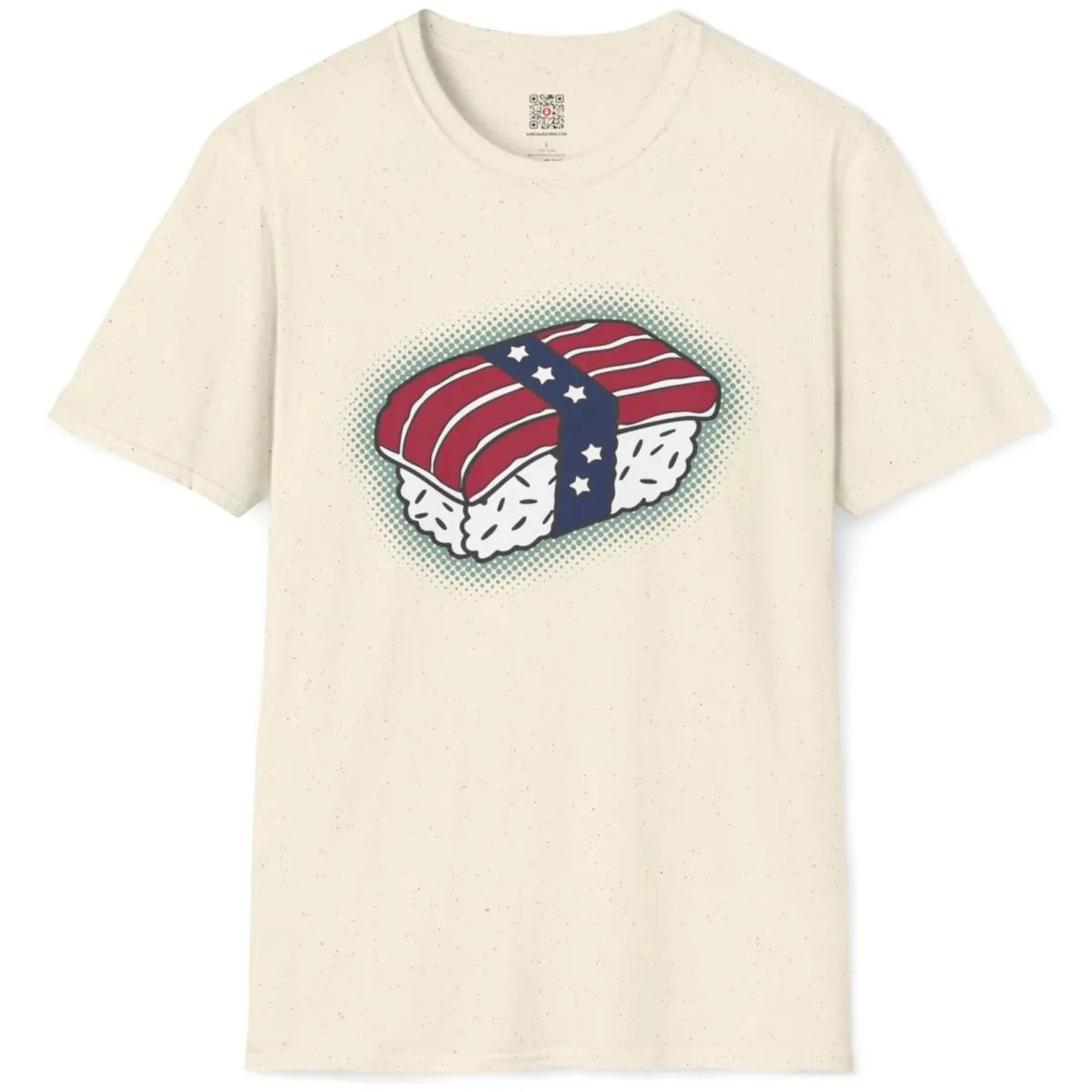 Natural t-shirt flatlay with sushi roll and flag; sushi shirt, traditional sushi, cultural symbolism.