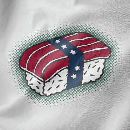 Close-up of sushi roll with American flag pattern on white shirt; sushi t-shirt, fusion cuisine, cultural symbolism.