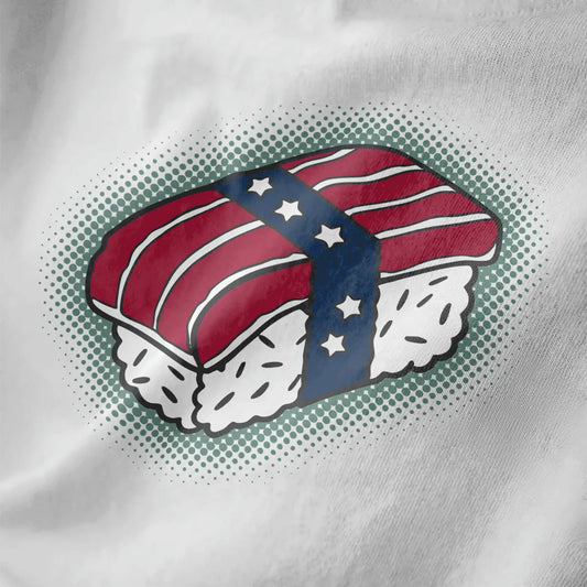 Close-up of sushi roll with American flag pattern on white shirt; sushi t-shirt, fusion cuisine, cultural symbolism.