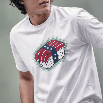 Male model in white t-shirt with sushi roll styled as American flag; sushi t-shirt, fusion cuisine, patriotic t shirt.