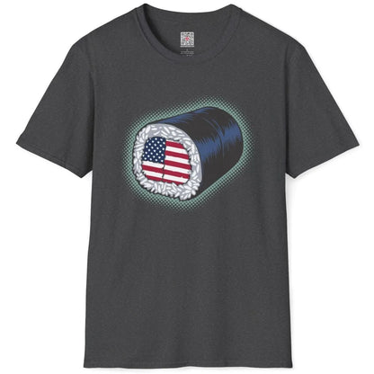 Dark heather t-shirt flatlay with sushi roll American flag design, fusion cuisine, retro design.